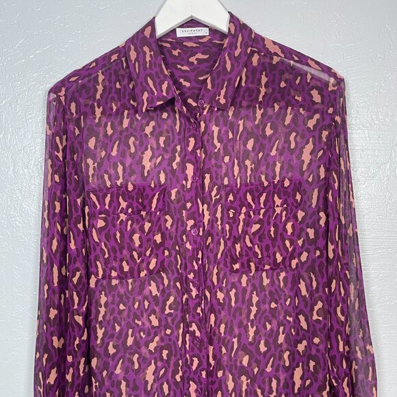 Equipment Femme Women L Purple Tan Animal Print Blouse Silk Sheer Button Front - Picture 3 of 10
